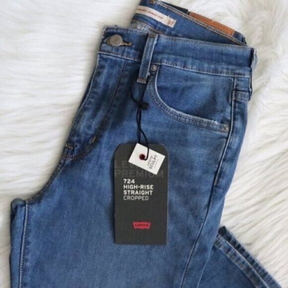 NWT Levis 724  Jeans Size 27 High Rise Straight Leg Cropped Distressed Blue - Picture 4 of 8